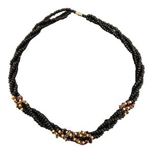 Twist Torsade Beaded Black Necklace With Garnet Accents Stone Chips Jewelry